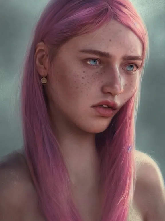 Prompt: beautiful russian girl with cute freckles and short faintly colored in pink hair and nose piercing, thin round earrings, winds of winter, au naturel, hyper detailed, digital art, trending in artstation, cinematic lighting, studio quality, smooth render, octane rendered, concept art, sharp focus, illustration, art by artgerm and greg rutkowski and wlop
