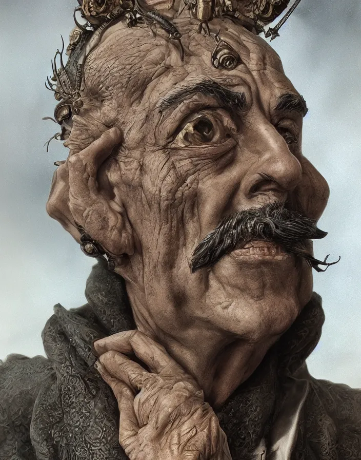 Prompt: Salvador Dalí grotesque portrait, D&D, fantasy, intricate, elegant, highly detailed, digital painting, artstation, concept art, smooth, sharp focus, high detail, octane render, 8k