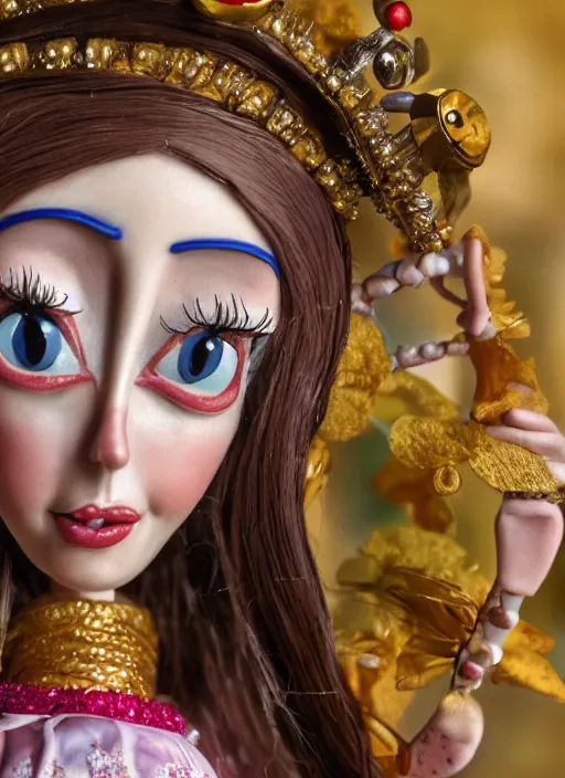 Image similar to closeup face profile portrait of a tin toy shelley duvall as a fairytale princess wearing a crown eating cakes, bikini, depth of field, zeiss lens, detailed, symmetrical, centered, fashion photoshoot, by nicoletta ceccoli, mark ryden, lostfish, breathtaking, 8 k resolution, extremely detailed, beautiful, establishing shot, artistic, hyperrealistic, octane render