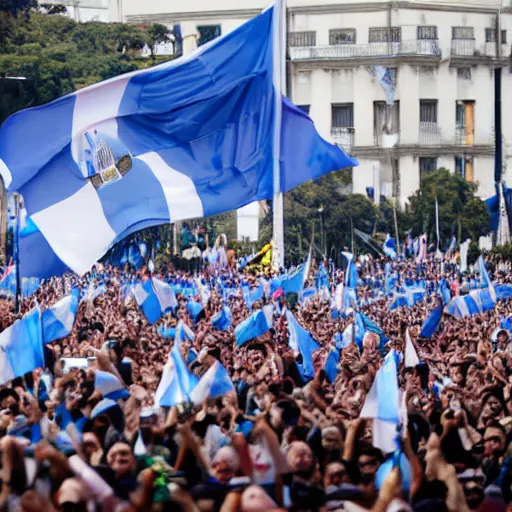 Image similar to Lady Gaga as president, Argentina presidential rally, Argentine flags behind, bokeh, giving a speech, detailed face, Argentina