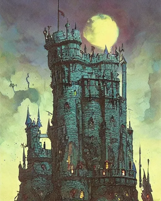 Prompt: beautiful comic book art of a fantasy castle by alan lee and simon bisley, robots in the background by simon stalenhag and jack kirby