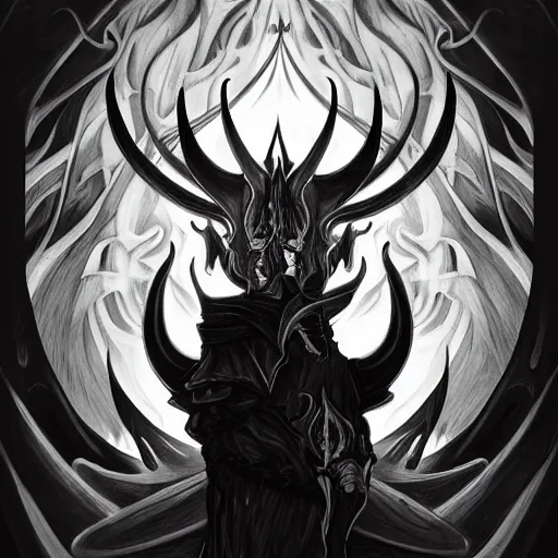 Image similar to full body grayscale drawing by Anato Finnstark of horned demon in heroic pose, swirling flames, brutal, alphonse mucha,