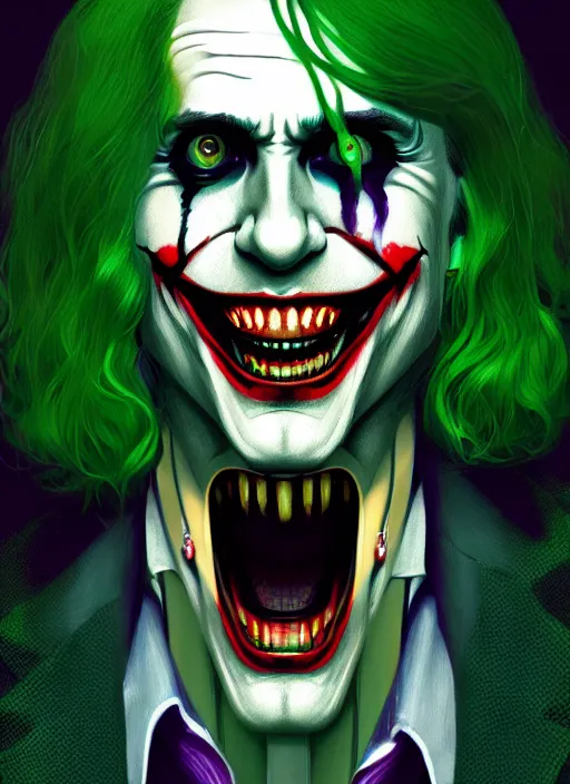 Image similar to portrait of jared leto as the joker, green hair, intricate, elegant, glowing lights, highly detailed, digital painting, artstation, concept art, sharp focus, illustration, art by wlop, mars ravelo and greg rutkowski