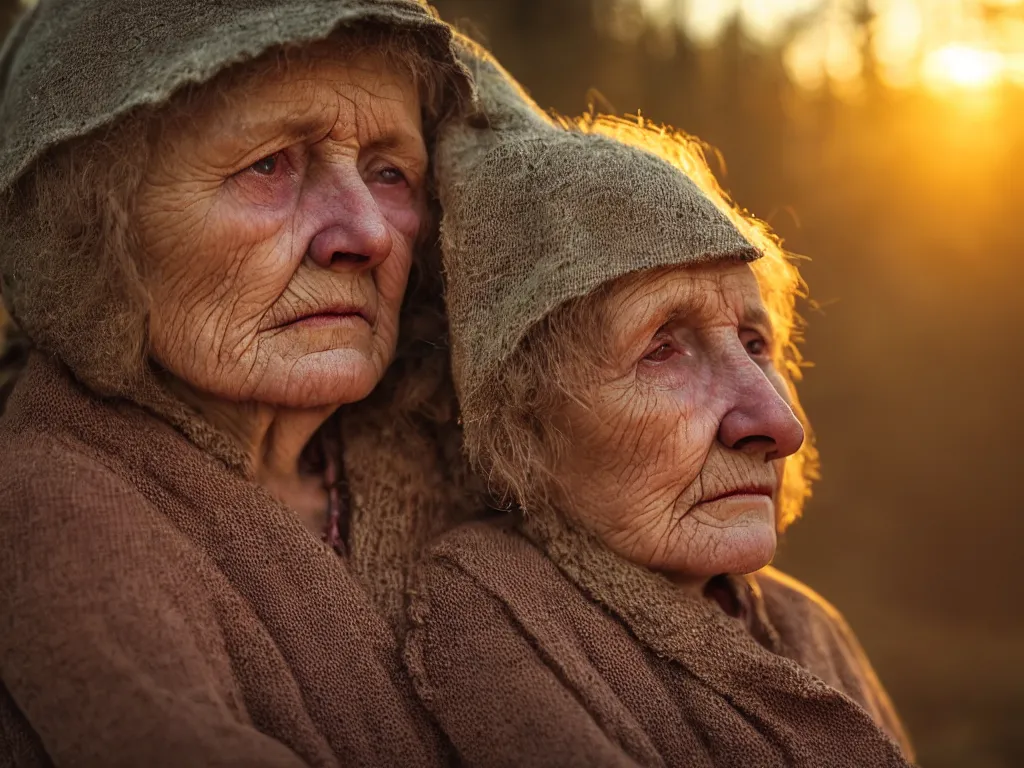 Image similar to close up portrait bust of old woman sitting on fence, looking outside, tired expression, faded color film, russian cinema, tarkovsky, technicolor, inside old cabin, next to window, heavy forest outside, long brown hair, old clothing, heavy fog, brown color palette, sunset, low light, hudson river school, 4 k, dramatic lighting