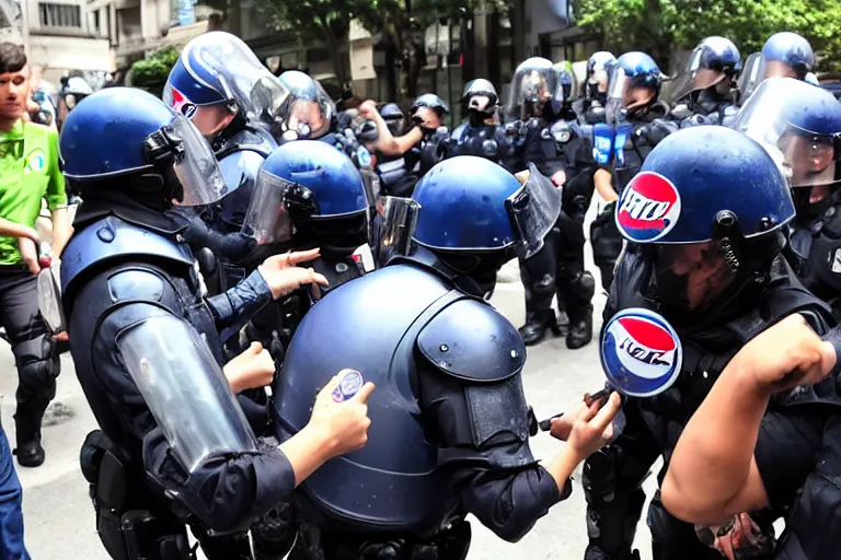 Image similar to beast boy giving a pepsi to riot police and stopping a protest, pepsi ad