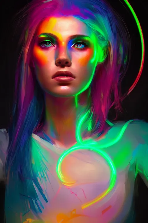 Image similar to a award winning portrait of a beautiful woman with stunning eyes in a one off shoulder crop top and cargo pants with rainbow colored hair, outlined by whirling illuminated neon lines and fine lines swirling in circles by greg rutkowski, digital art, trending on artstation