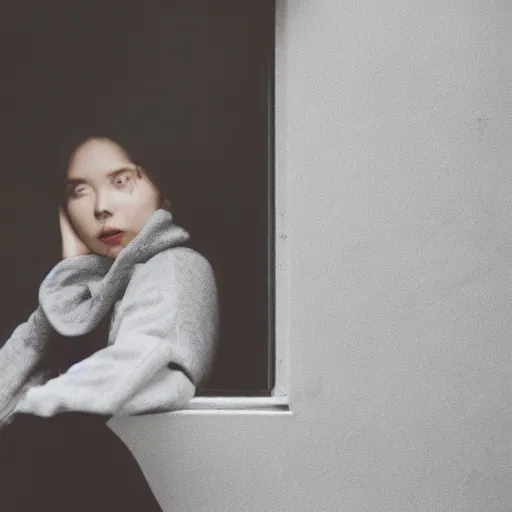 Image similar to a woman sitting on a window sill looking forward out the window, hands on cheeks, grey sweater, a stock photo by chen jiru, tumblr, aestheticism, movie still, pretty, pixiv