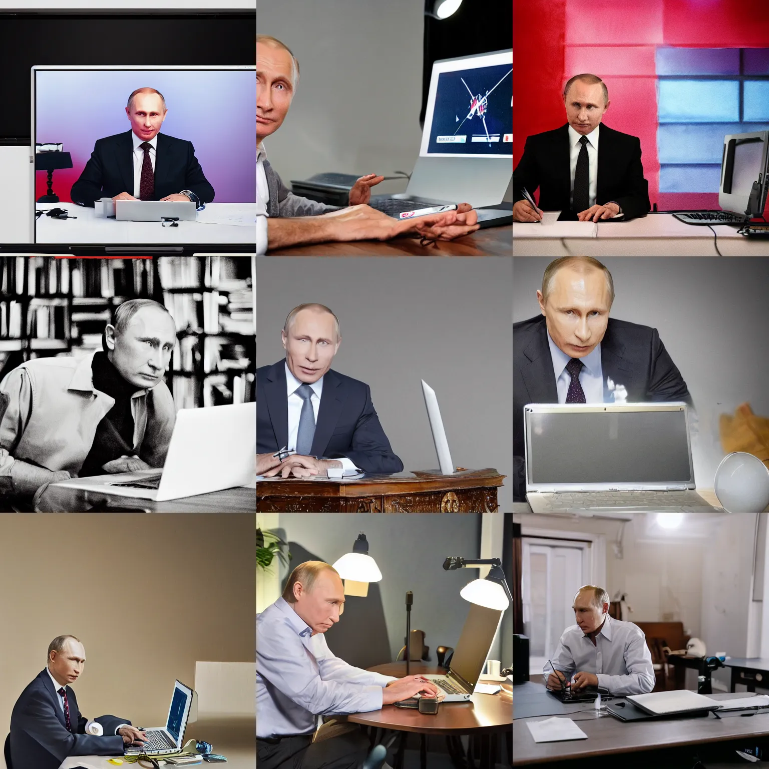 Prompt: photograph of putin using laptop, color, studio lighting