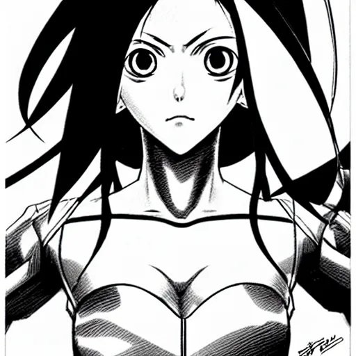 Image similar to alita by yukito kishiro. medium shot. black and white manga. pencil drawing.