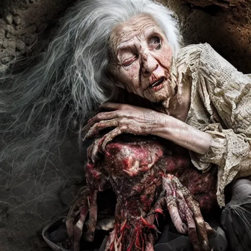 Prompt: an ultra realistic 8 k hdr photo of an elderly jagged raggedy witch woman crippled up and hunched over in a cave over a corpse with blood and meat and bones and mold and spider webs in the year 1 4 0 0