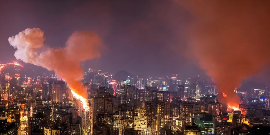 Prompt: a Chinese Fire Dragon surrounded by smoke and fire high above a city at night