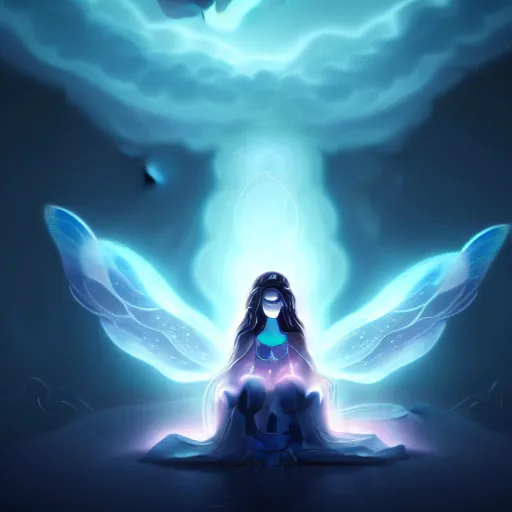 Prompt: mystical female creature with glowing energies and particals, surrounded by spirits, gloomy cinematic lighting, highly detailed, illustrated novel