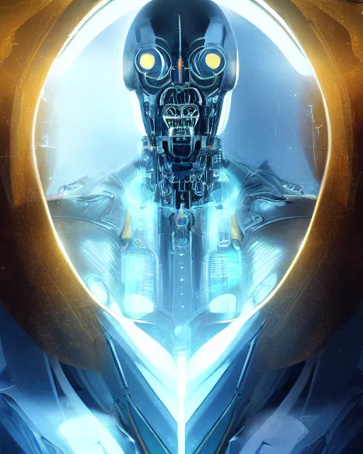 Image similar to portrait of a cyborg, necromancer, benevolant, scifi, futuristic, elegant cape, intelligent, alien room background, white, blue, gold, highly detailed, trending on artstation, soft light, holy machine, advanced technology, art by vitaly bulgarov and nivanh chanthara