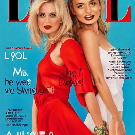 Prompt: magazine cover art featuring two scantily clad women. one wearing blue dress and the other in a red sarong. in the style of elle, vogue, cosmopolitan