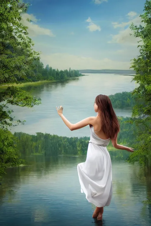 Image similar to a beautiful woman looking to the right side wearing a white dress, river in the background, serene scene, soft lighting, complementary colors, anatomically correct, five fingers, matte painting, centered, symmetrical, low contrast, heaven, path traced, highly detailed, high quality, 4 k, hyperrealistic, soft colors, beautiful landscape, realistic and defined face