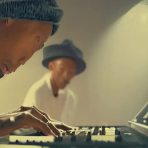 Image similar to cinematic film still of Pharrell Williams Making A Beat with an anthropomorphic alien, Japanese VFX, 2018, 400mm lens, f1.8, shallow depth of field,film photography