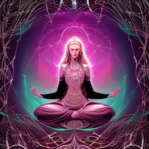Image similar to glowing cracks, elven princess, meditating, peaceful, levitating, powerful, blossoming, lotus pose, zen, glowing, fractal background, ascending, detailed, realistic, digital art, fantasy, trending on artstation, cinematic, movie clip, visionary art, intricate pattern, subtle pattern, detailed texture, fractal texture, flowing, engraved texture, sacred geometry pattern, symmetry, perfect, perfect face, facial beauty, pretty, attractive, by peter morhbacher