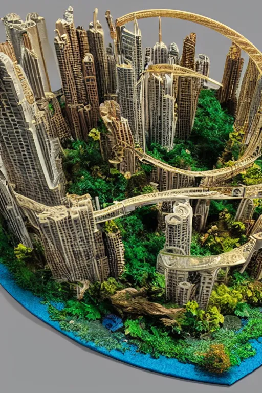 Image similar to 3 d printed physical model organic including more than one city into one vertical building model that sits on a table in a room with a view back with a golden rim details in the base, multiple stories, transparent, with vegetation, colorful, eye - level view, looking straigh ahead, 8 0 k, octane render, highly detailed 3 d render,