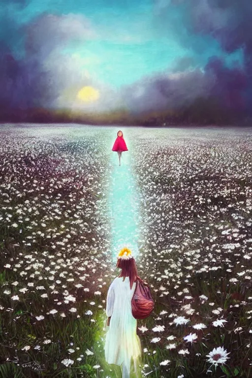 Prompt: giant white daisy flower veil face, girl walking in a flower field, surreal photography, sunrise, dramatic light, impressionist painting, colorful clouds, digital painting, artstation, simon stalenhag