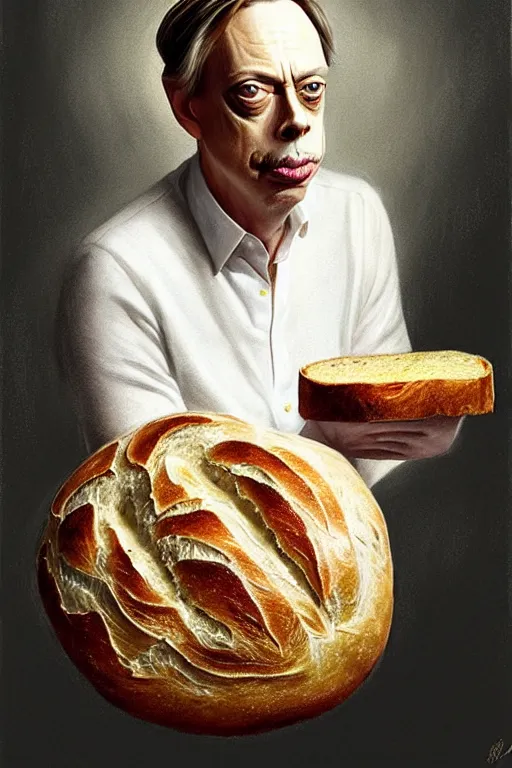 Image similar to beautiful portrait half steve buscemi wearing sourdough bread, by greg rutkowski