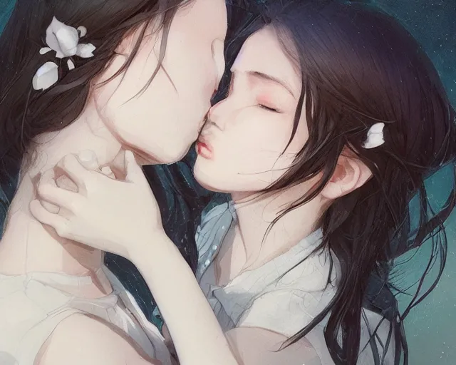 Image similar to two girls kissing and hugging, sharp details, sharp focus, elegant, highly detailed, illustration, by jordan grimmer and greg rutkowski and pine ( ハイネ ) and 薯 子 imoko and 香 川 悠 作 and wlop and maya takamura, intricate, beautiful, trending artstation, pixiv, digital art