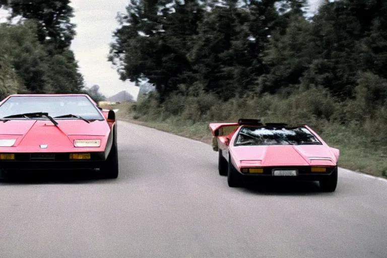 Prompt: 1975 De Tomaso Pantera BMW M1 Countach, movie still, speed, cinematic Eastman 5384 film