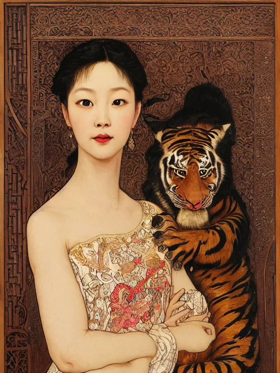 Image similar to an art nouveau head and shoulders portrait oil painting of a pretty young zhang ziyi, dressed in a traditional, modest chinese intricately embroidered silk gown with a high collar, in front of a carved screen showing a tiger and a dragon, intricate, detailed, smooth, complex, elaborate, by alphonse mucha and james gurney and john william waterhouse