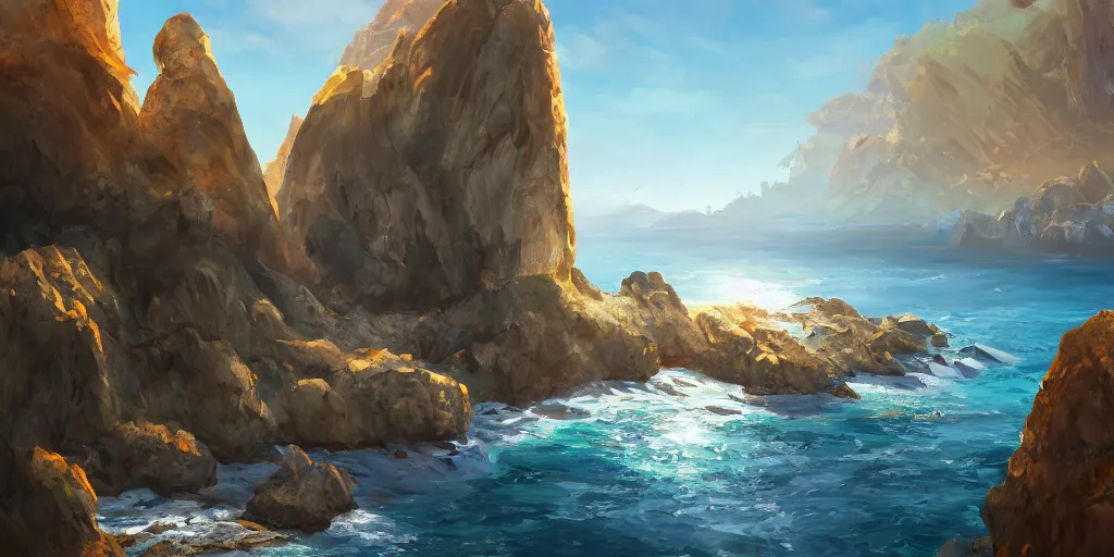 Image similar to salt covered islands surrounded by colourful rugged quartz cliffs, illustration, bright sunlight, sun glints, sunrays, digital art, oil painting, fantasy, 8 k, trending on artstation, detailed