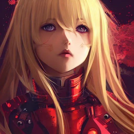 Image similar to cute red armored cyborg - anime girl, long gold hair, yellow eyes, digitally painted by ross draws, extreme high intricate details by wlop, digital anime art, black shadows, stylized shading