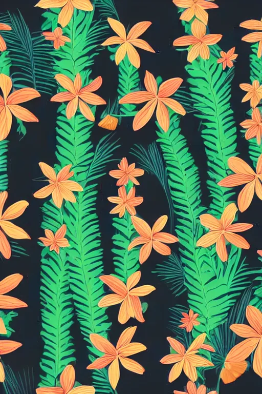 Prompt: muted sonbre detailed vector illustration of photorealistic tropical flowers and green reeds, multiple cohesive colors ranging from warms purples to bright oranges on a ((very dark black background)), 4K resolution, trending on artstation, hd wallpaper