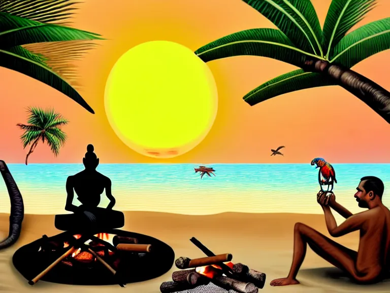 Image similar to gandhi sitting on a beach next to a campfire with palm trees in the back, holding a cigar, sunset, surrounded by different animals, parrots, turtle, lizard, crab, coconuts,, glorious lighting, epic environment, highly detailed, digital art, hyper realistic, beautiful, 8 k