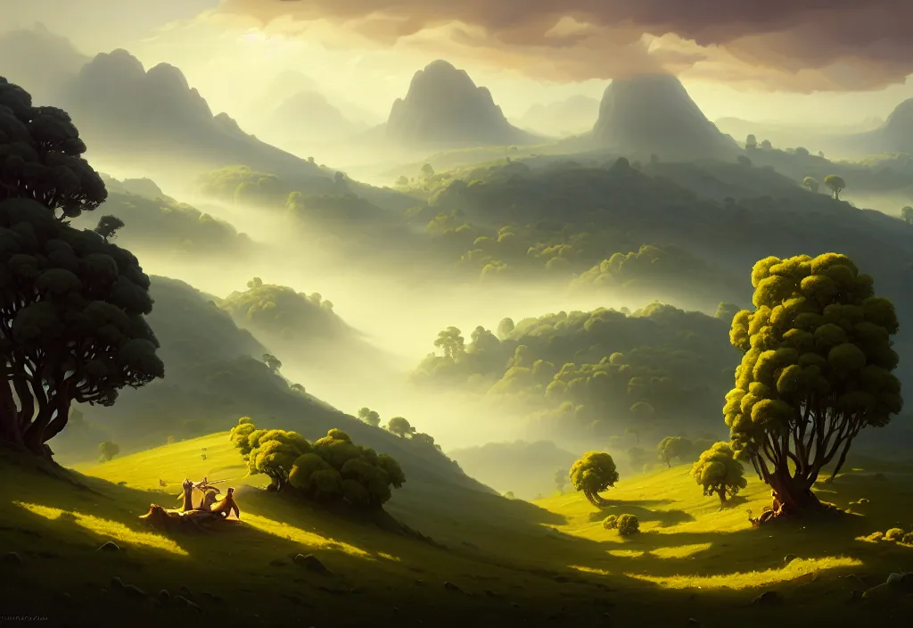 Image similar to dionisio landscape with lyra orpheus, high trees, top of the hill, above low layered clouds, deep focus, fantasy, intricate, elegant, highly detailed, digital painting, artstation, concept art, matte, sharp focus, illustration, hearthstone, art by rhads and artgerm and greg rutkowski and gediminas pranckevicius