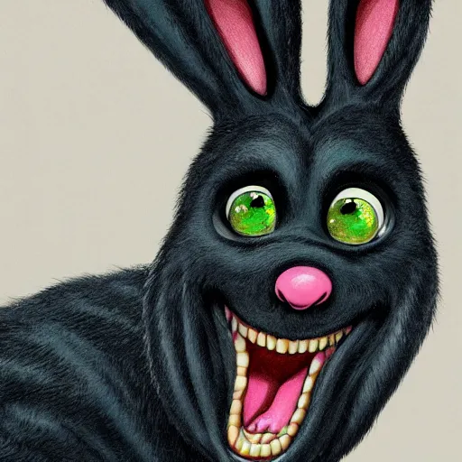 Image similar to A extremely highly detailed majestic hi-res beautiful, highly detailed head and shoulders portrait of a scary terrifying, horrifying, creepy crazy black cartoon rabbit with scary big eyes, earing a shirt laughing maniacally , let's be friends, in the style of Walt Disney