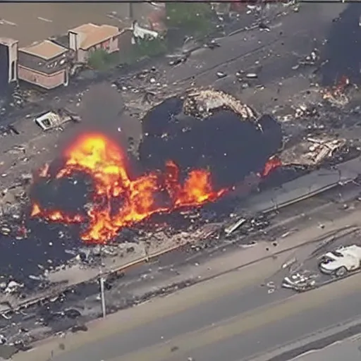 Image similar to bleve explosion, fireball, fireball explosion, 2 4 0 p footage, 2 0 0 6 youtube video, helicopter footage over city, gas station explosion