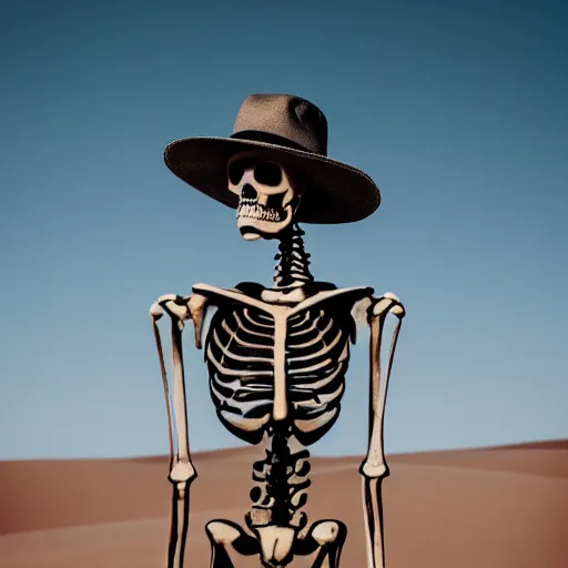 Prompt: skeleton standing in the desert, wearing a hat with a flower on it.