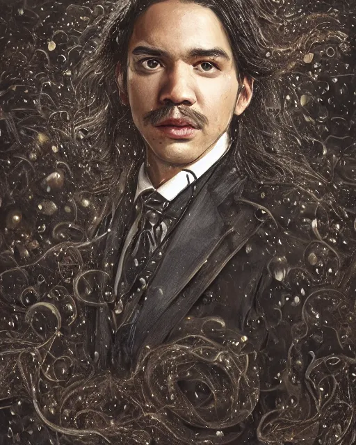 Prompt: a highly detailed portrait of carlos valdes radiating a powerful energy aura, ornate black tuxedo, no mustache, no beard, long hair, wispy tendrils of smoke, intricate, digital painting, old english, raining, sepia, particles floating, whimsical background by marc simonetti, artwork by liam wong