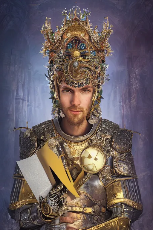 Prompt: hyperdetailed matte illustration of a knight wearing an ornate gold headpiece and holding a flower with a map of the collective subconscious in the background by octane render