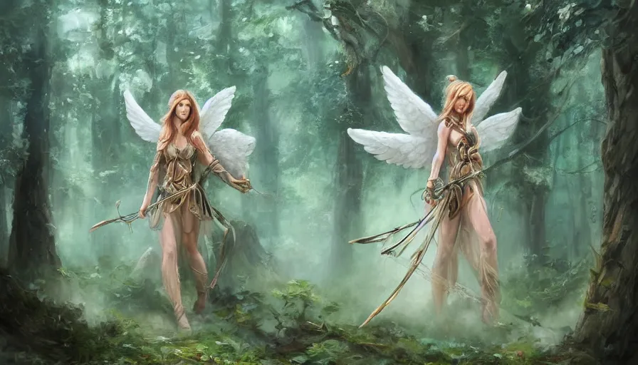 Prompt: A beautiful detailed painting of a female angel warrior on a magical forest path by marc simonteei and Kalin Popov , Trending on artstation HD.