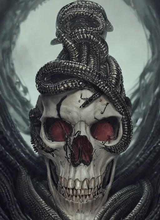 Image similar to A fancy portrait of a skull wrapped in snakes by Greg Rutkowski, Sung Choi, Mitchell Mohrhauser, Maciej Kuciara, Johnson Ting, Maxim Verehin, Peter Konig, Bloodborne, 8k photorealistic, cinematic lighting, HD, high details, dramatic, atmospheric , trending on artstation