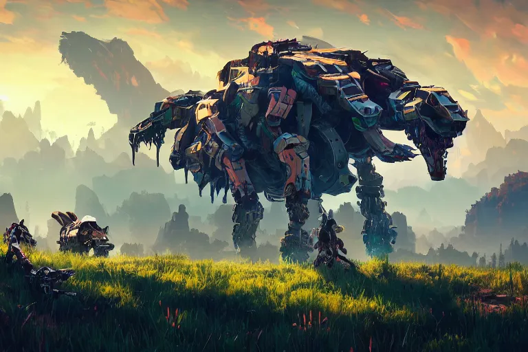 Image similar to grazer machine mecanical creature robot of horizon forbidden west horizon zero dawn bioluminiscence global illumination ray tracing hdr fanart arstation by ian pesty and alena aenami artworks in 4 k