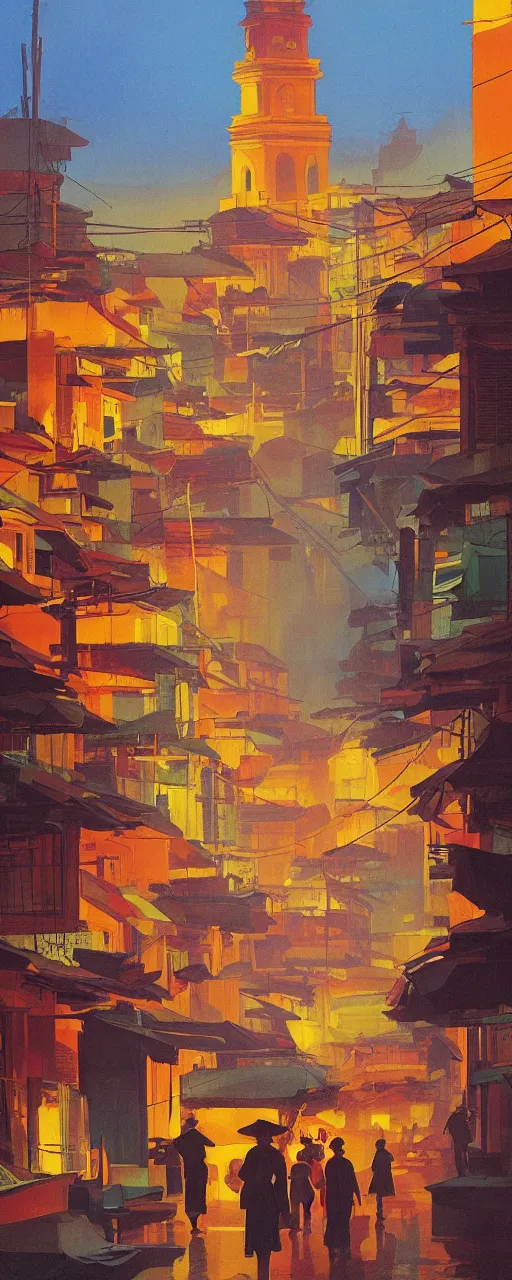 Prompt: Downtown Saigon, dramatic cinematic lighting, rich colors, golden age illustration, by Sylvain Sarrailh and Nicholas Roerich and Ludwig Deutsch and April Gornik