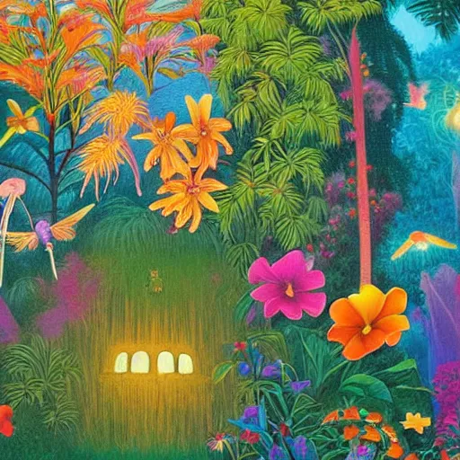 Prompt: an enchanted forest full of tropical flowers and fireflies, by agnes lawrence pelton