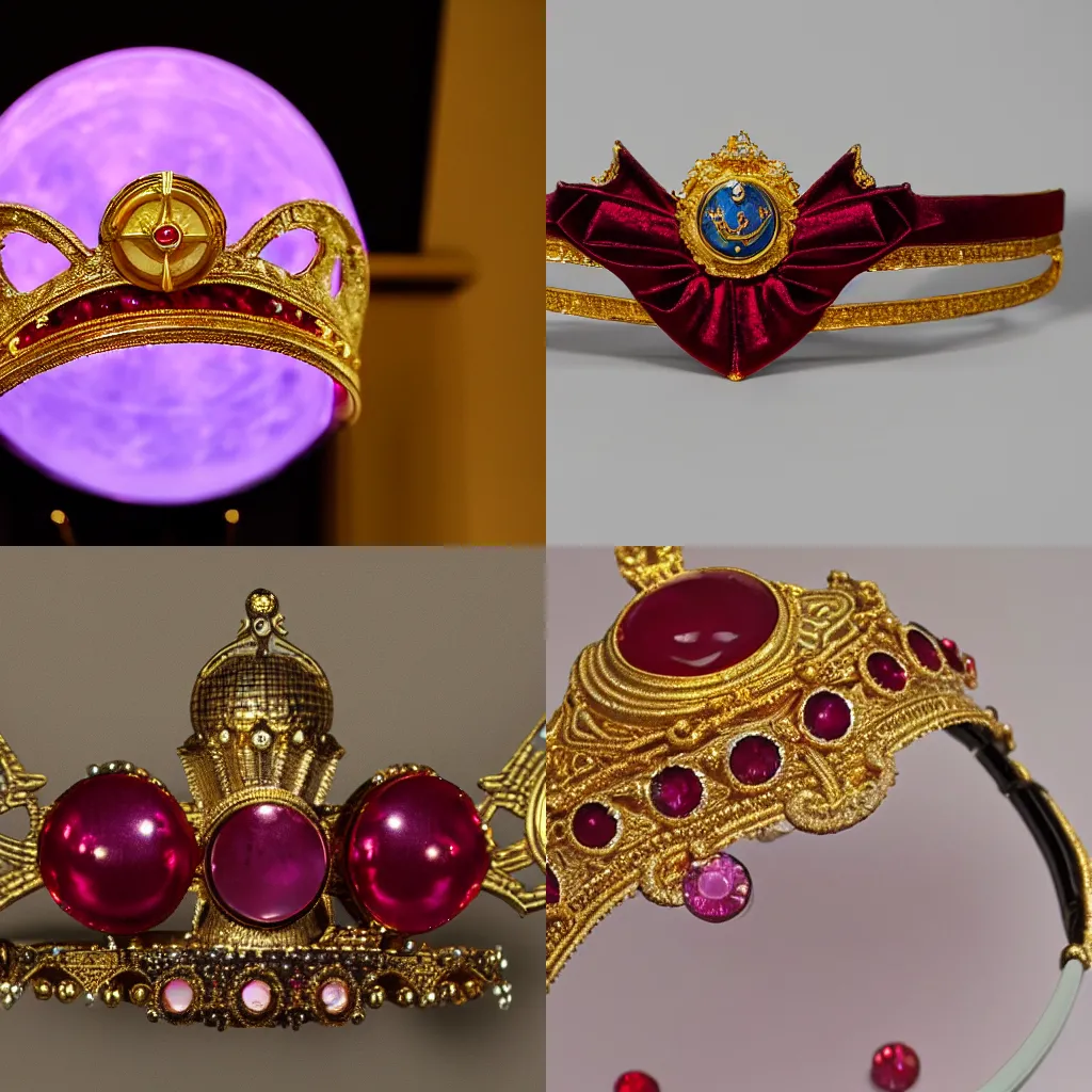 Prompt: a photo of a Sailor Moon diadem, ancient, gold and ruby, The Metropolitan Museum of Art