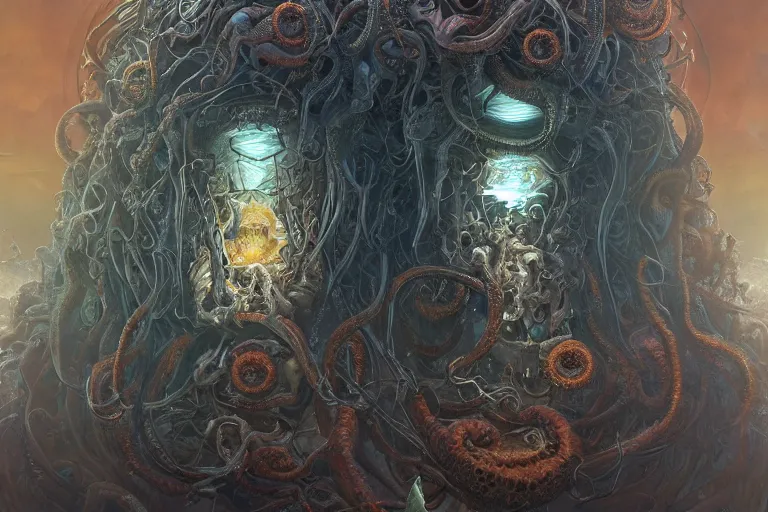 Image similar to a lovecraftian painting of cthulhu face of cosmic horror, cosmic horror elements, ultra realistic, concept art, intricate details, eerie, highly detailed, photorealistic, octane render, 8 k, unreal engine. art by artgerm and greg rutkowski and alphonse mucha