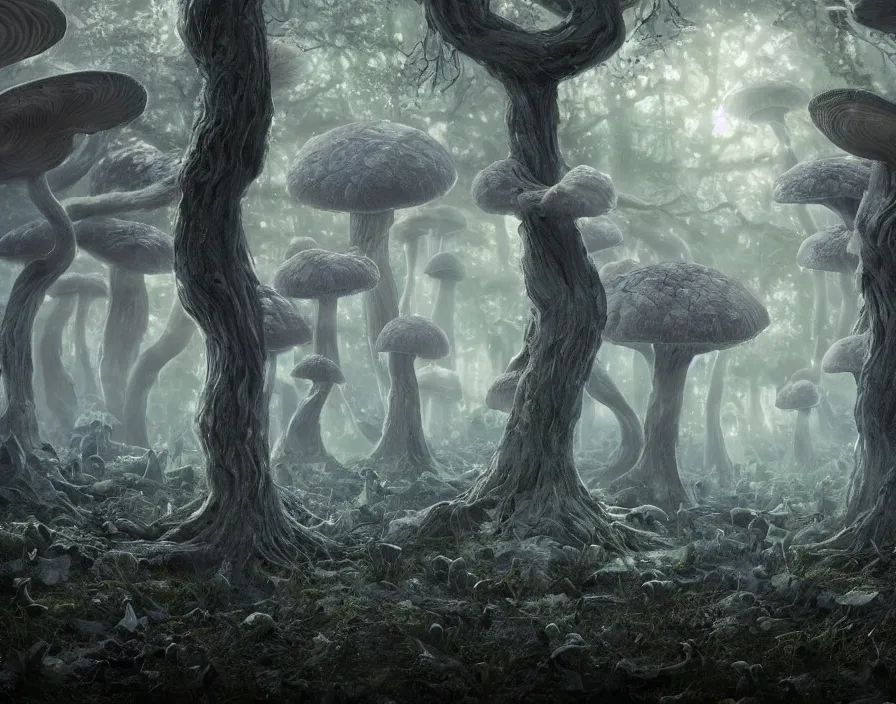 Prompt: a weird magical forest with glowing mushrooms made entirely out of brains. The trees look like bones. Highly detailed. 8k. Fantasy horror.