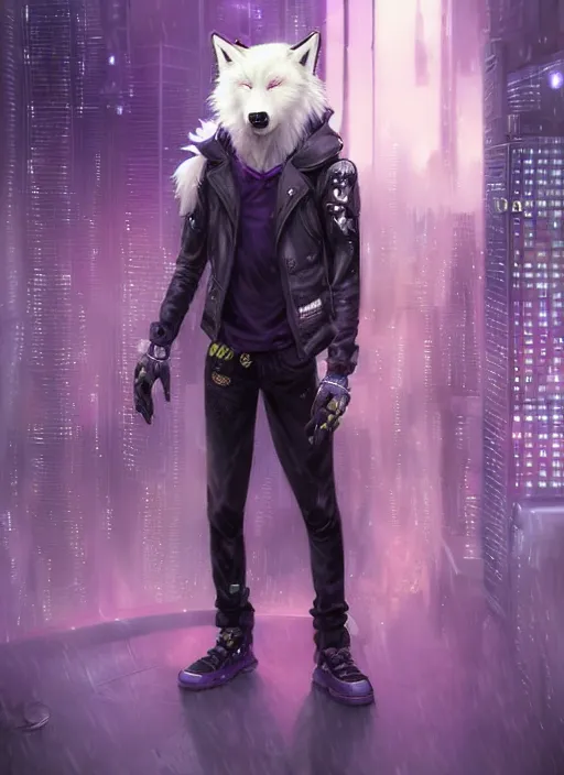 Image similar to award winning beautiful portrait commission of a male furry anthro albino wolf fursona with a tail and a cute beautiful attractive detailed furry face wearing stylish black, purple and yellow cyberpunk biker clothes standing on top of a high rise in a cyberpunk city at night while it rains. Character design by charlie bowater, ross tran, artgerm, and makoto shinkai, detailed, inked, western comic book art