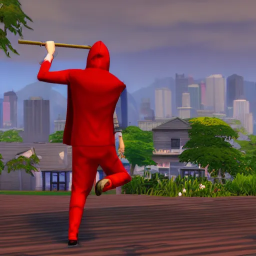 Prompt: a person wearing a red hood, ringing a brass hand bell!, sims 4 screenshot