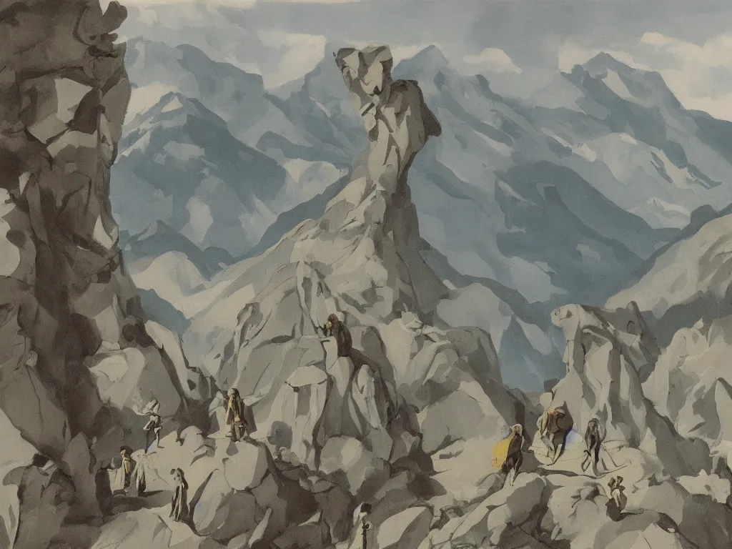 Prompt: scene with figure in the mountains. painting by neo rauch