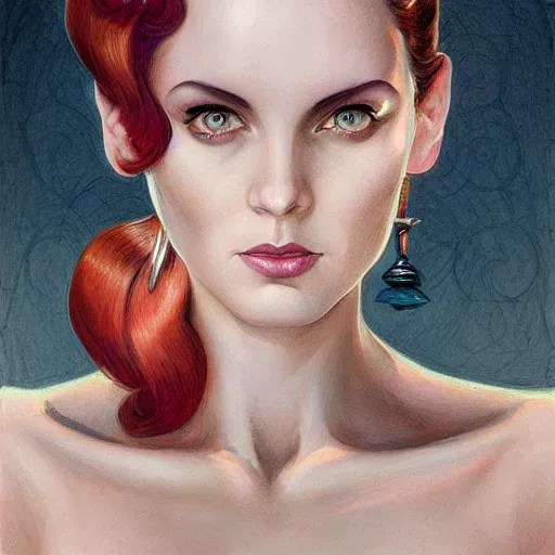 Image similar to a streamline moderne, art nouveau, multi - ethnic and multi - racial portrait in the style of charlie bowater, and in the style of donato giancola, and in the style of charles dulac. clear, expressive, very large eyes. symmetry, ultrasharp focus, volumetric lighting, photorealistic digital painting, intricate, elegant, highly detailed, centered.