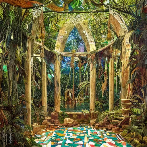 Prompt: a painting of a jungle ruins, mosaic floor, stained glass windows, godrays, native tribe ritual, chandelier, pillars of marble, fountain of water, art by JohannesVoss, Donato Giancola, Ron Spencer, trending on artstation